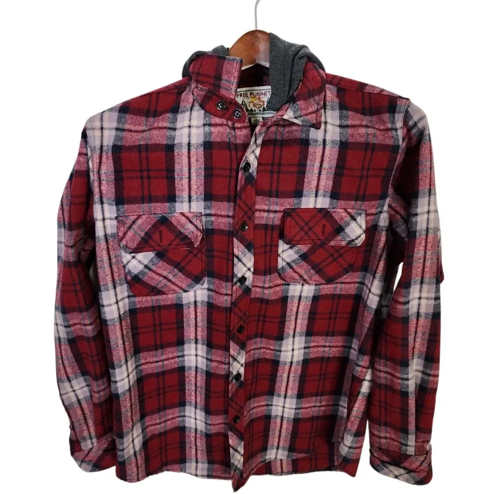 Free Planet Flannel Shirt Jacket with Hood Red Plaid 100% Cotton Mens Size Large